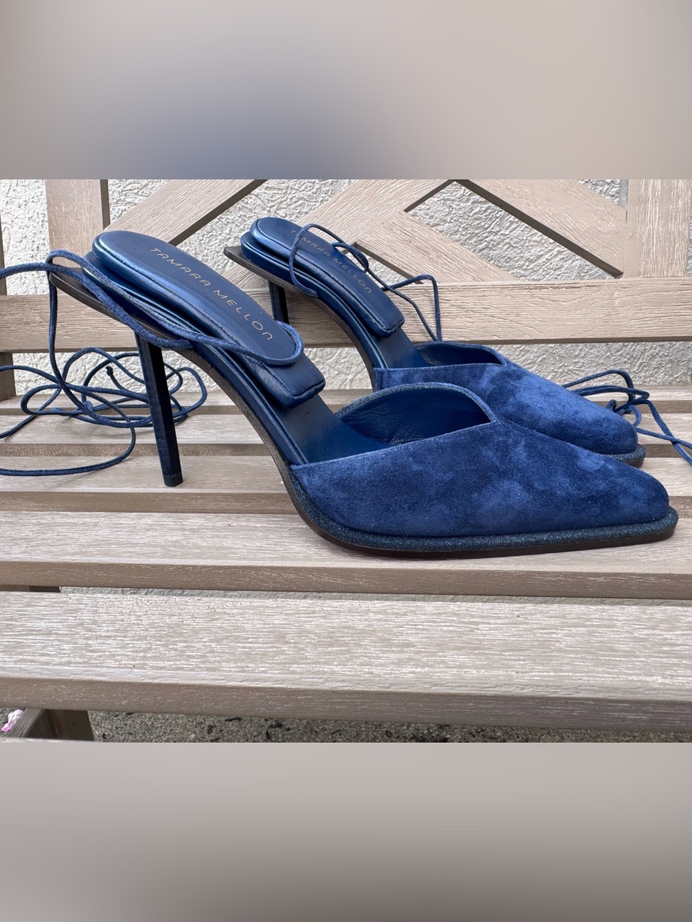 TAMARA MELLON 'Comet 100' Pillow Top Ankle Wrap Pumps in blue suede. Size 40
